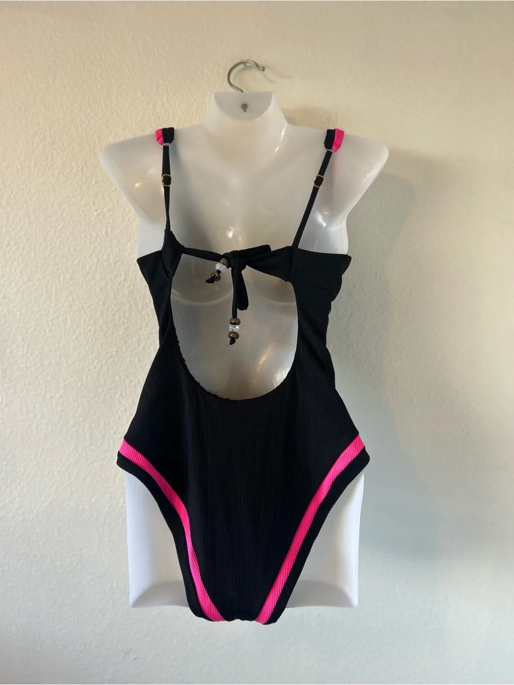 Becca Rib Color Block Black One-Piece Swimsuit with Hot Pink Trim Size S